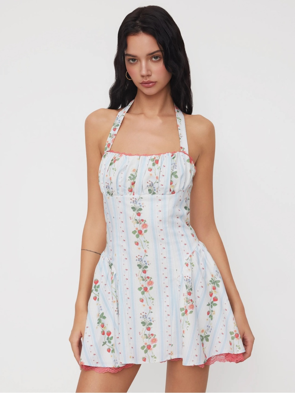 Cider LINEN-BLEND HALTER NECKLINE STRAWBERRY FLORAL LACE UP RUFFLE MINI DRESS